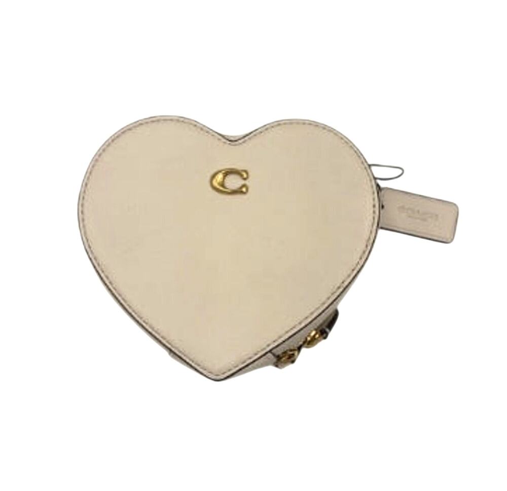 Cream Coach Leather Heart Mini Bag with Chain Crossbody Purse